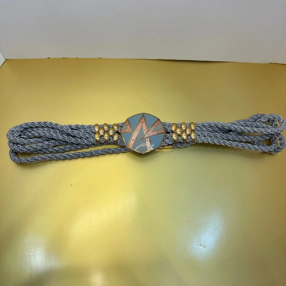 Vintage Art Deco Enamel Geometric Braided Rope Belt and‎ Necklace Set Grey Gold